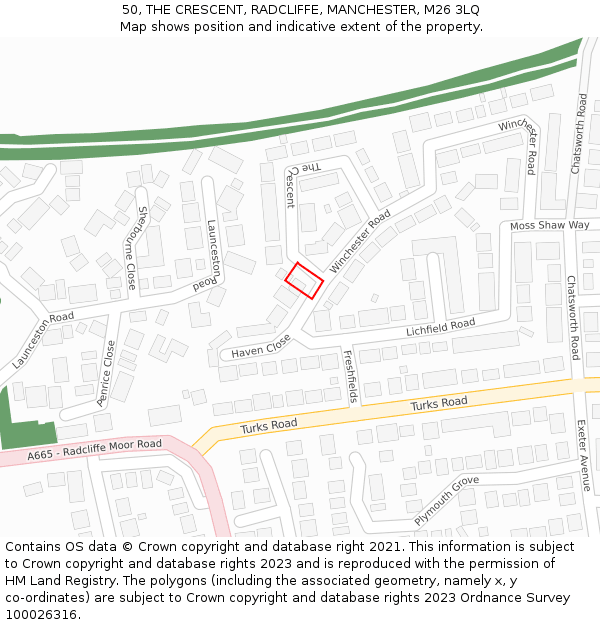50, THE CRESCENT, RADCLIFFE, MANCHESTER, M26 3LQ: Location map and indicative extent of plot