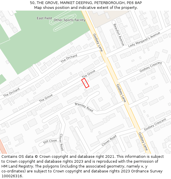 50, THE GROVE, MARKET DEEPING, PETERBOROUGH, PE6 8AP: Location map and indicative extent of plot