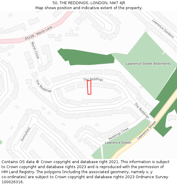 50, THE REDDINGS, LONDON, NW7 4JR: Location map and indicative extent of plot
