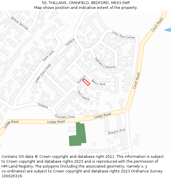50, THILLANS, CRANFIELD, BEDFORD, MK43 0WP: Location map and indicative extent of plot
