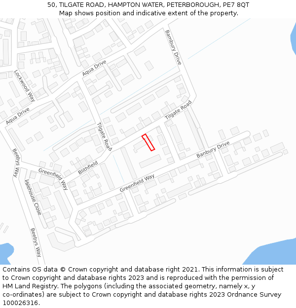 50, TILGATE ROAD, HAMPTON WATER, PETERBOROUGH, PE7 8QT: Location map and indicative extent of plot