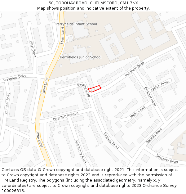 50, TORQUAY ROAD, CHELMSFORD, CM1 7NX: Location map and indicative extent of plot