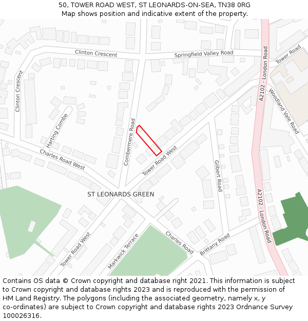 50, TOWER ROAD WEST, ST LEONARDS-ON-SEA, TN38 0RG: Location map and indicative extent of plot