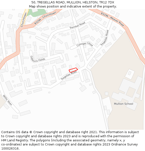 50, TREGELLAS ROAD, MULLION, HELSTON, TR12 7DX: Location map and indicative extent of plot