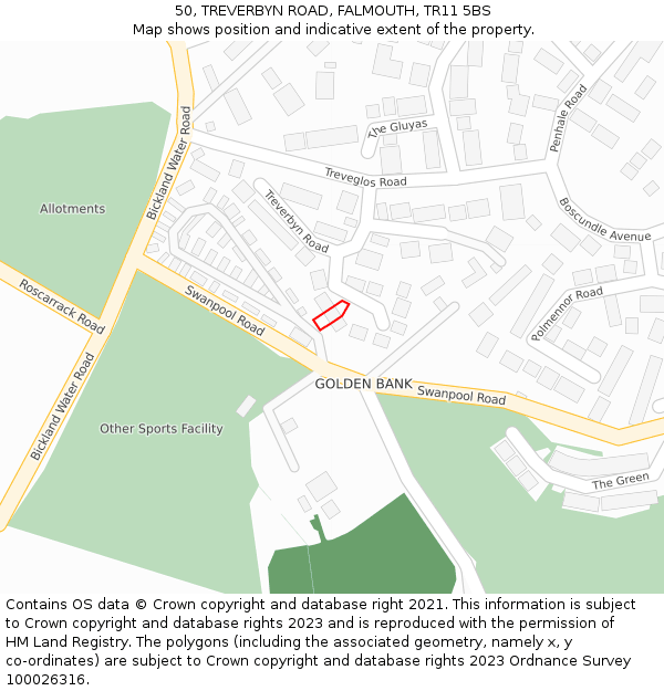 50, TREVERBYN ROAD, FALMOUTH, TR11 5BS: Location map and indicative extent of plot