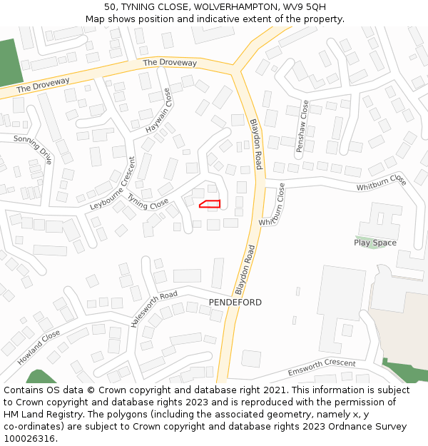 50, TYNING CLOSE, WOLVERHAMPTON, WV9 5QH: Location map and indicative extent of plot