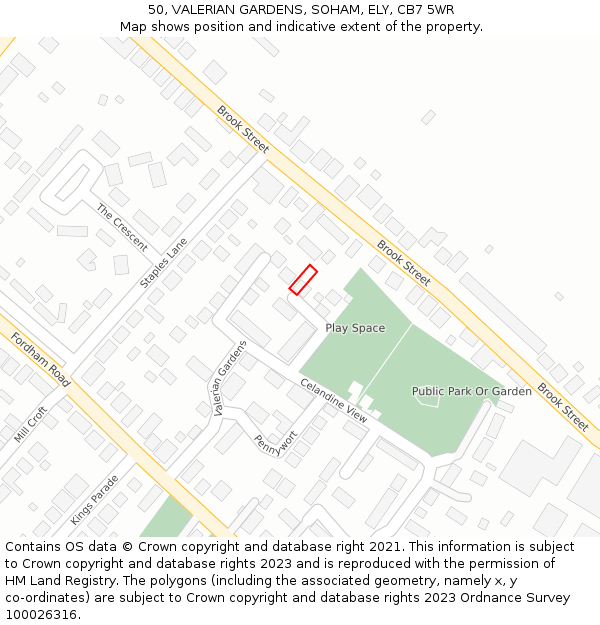 50, VALERIAN GARDENS, SOHAM, ELY, CB7 5WR: Location map and indicative extent of plot