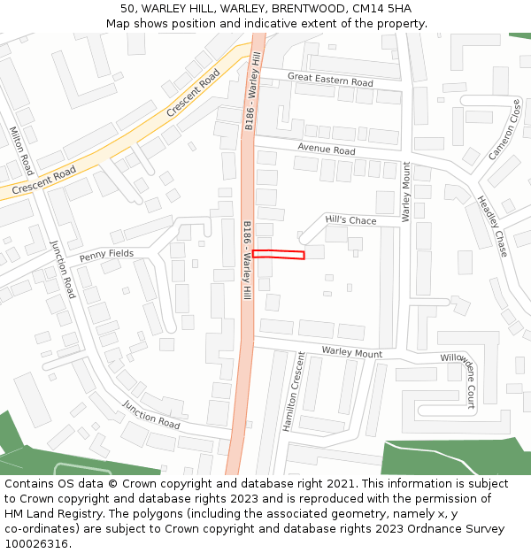 50, WARLEY HILL, WARLEY, BRENTWOOD, CM14 5HA: Location map and indicative extent of plot