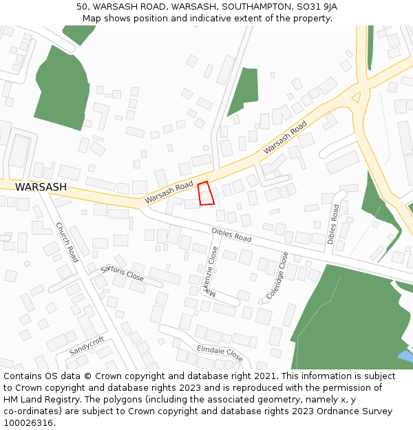 50, WARSASH ROAD, WARSASH, SOUTHAMPTON, SO31 9JA: Location map and indicative extent of plot