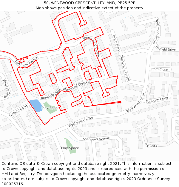 50, WENTWOOD CRESCENT, LEYLAND, PR25 5PR: Location map and indicative extent of plot
