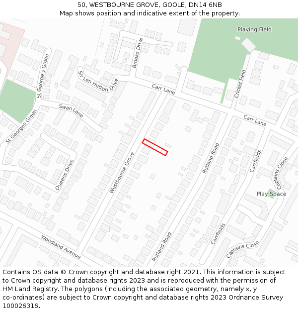 50, WESTBOURNE GROVE, GOOLE, DN14 6NB: Location map and indicative extent of plot