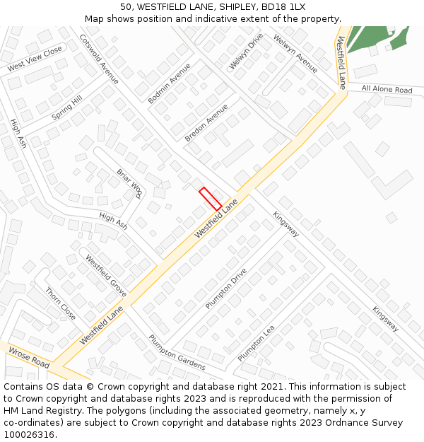 50, WESTFIELD LANE, SHIPLEY, BD18 1LX: Location map and indicative extent of plot