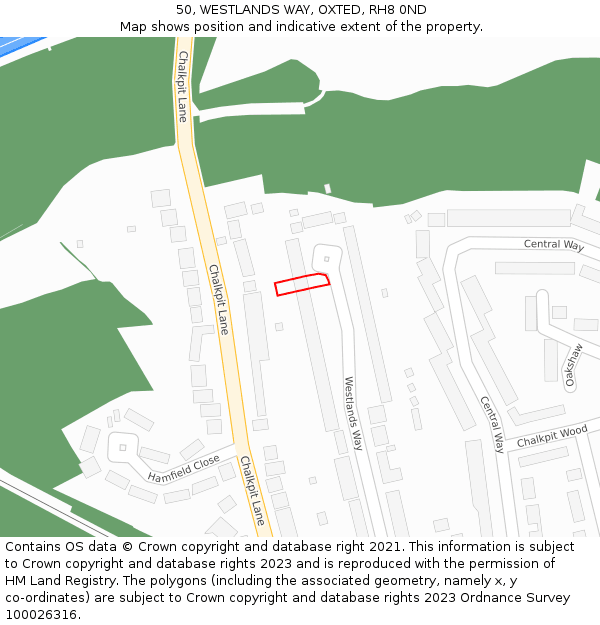 50, WESTLANDS WAY, OXTED, RH8 0ND: Location map and indicative extent of plot