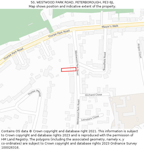 50, WESTWOOD PARK ROAD, PETERBOROUGH, PE3 6JL: Location map and indicative extent of plot