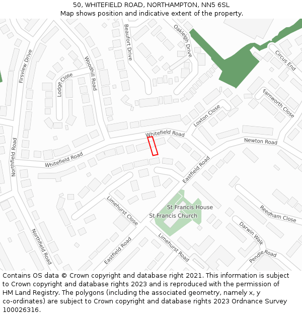 50, WHITEFIELD ROAD, NORTHAMPTON, NN5 6SL: Location map and indicative extent of plot