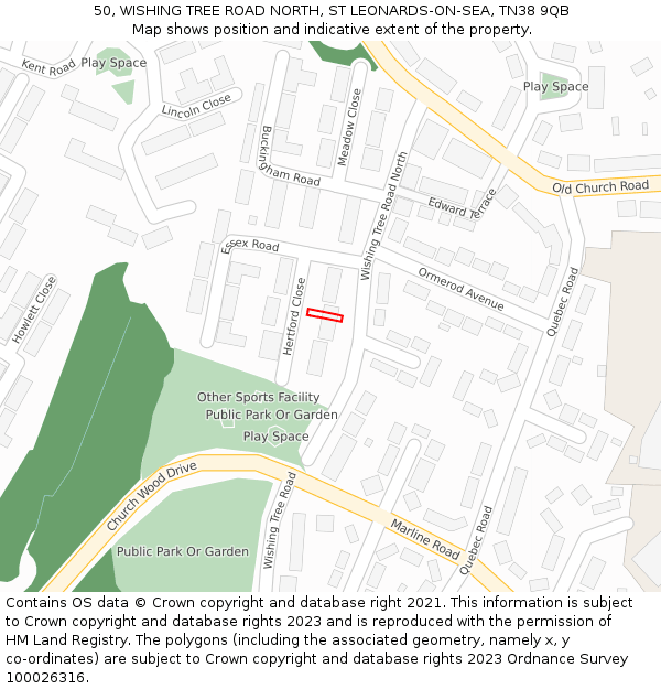 50, WISHING TREE ROAD NORTH, ST LEONARDS-ON-SEA, TN38 9QB: Location map and indicative extent of plot