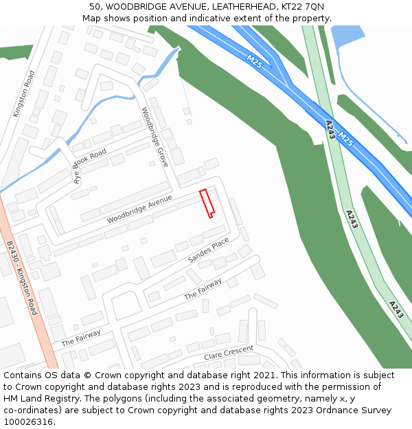 50, WOODBRIDGE AVENUE, LEATHERHEAD, KT22 7QN: Location map and indicative extent of plot