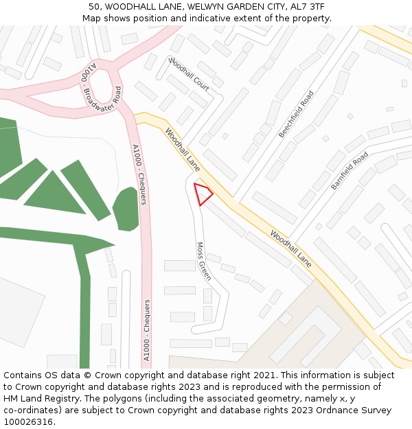 50, WOODHALL LANE, WELWYN GARDEN CITY, AL7 3TF: Location map and indicative extent of plot