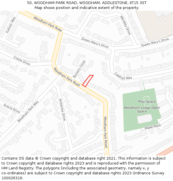 50, WOODHAM PARK ROAD, WOODHAM, ADDLESTONE, KT15 3ST: Location map and indicative extent of plot