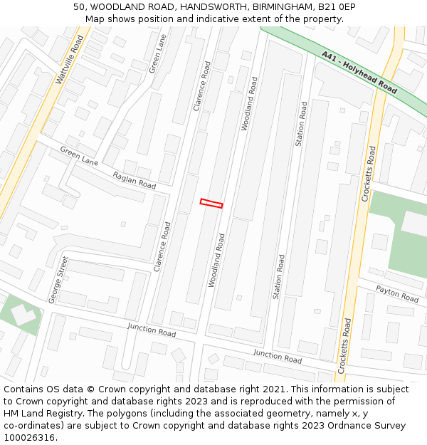 50, WOODLAND ROAD, HANDSWORTH, BIRMINGHAM, B21 0EP: Location map and indicative extent of plot
