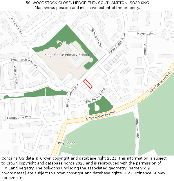 50, WOODSTOCK CLOSE, HEDGE END, SOUTHAMPTON, SO30 0NG: Location map and indicative extent of plot