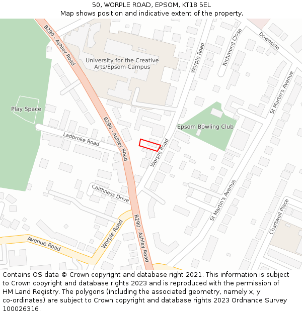 50, WORPLE ROAD, EPSOM, KT18 5EL: Location map and indicative extent of plot
