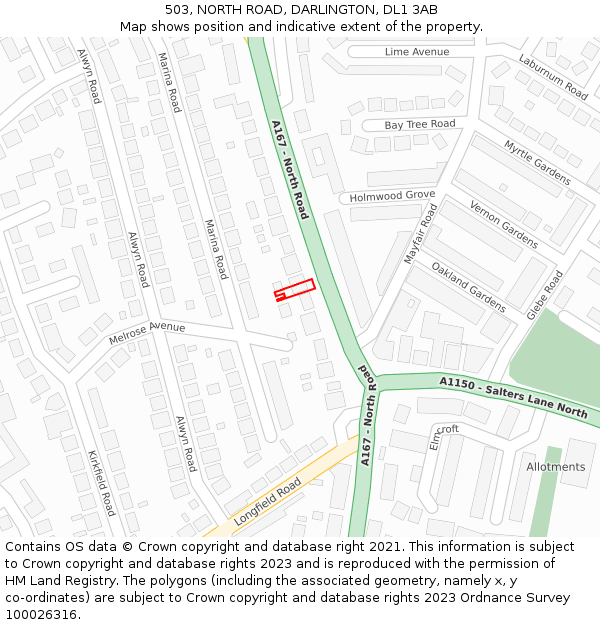 503, NORTH ROAD, DARLINGTON, DL1 3AB: Location map and indicative extent of plot