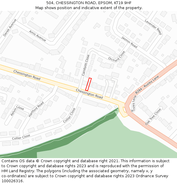 504, CHESSINGTON ROAD, EPSOM, KT19 9HF: Location map and indicative extent of plot