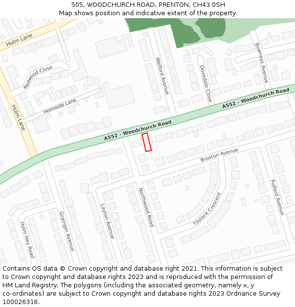505, WOODCHURCH ROAD, PRENTON, CH43 0SH: Location map and indicative extent of plot