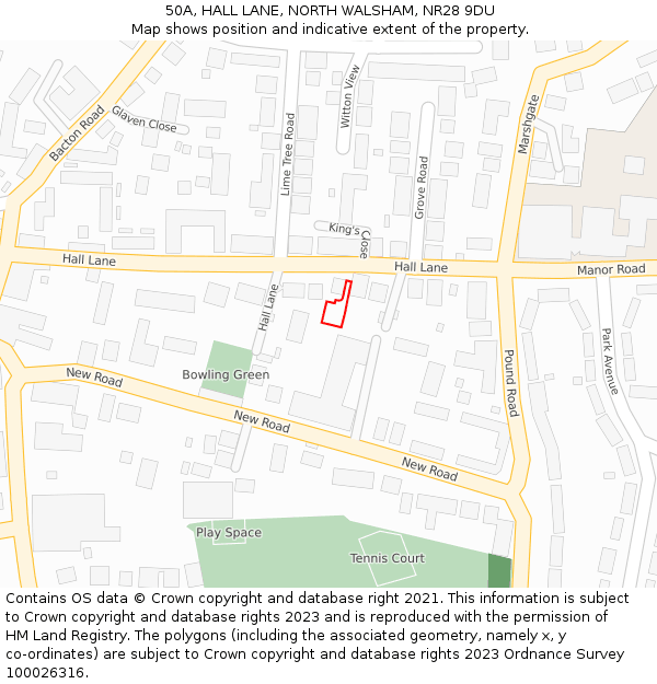 50A, HALL LANE, NORTH WALSHAM, NR28 9DU: Location map and indicative extent of plot