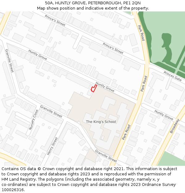 50A, HUNTLY GROVE, PETERBOROUGH, PE1 2QN: Location map and indicative extent of plot