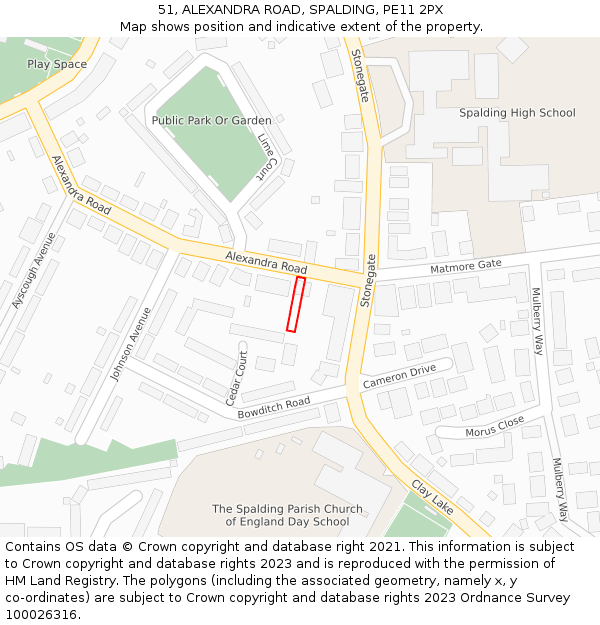 51, ALEXANDRA ROAD, SPALDING, PE11 2PX: Location map and indicative extent of plot