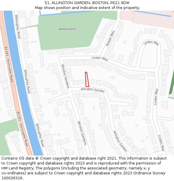 51, ALLINGTON GARDEN, BOSTON, PE21 9DW: Location map and indicative extent of plot