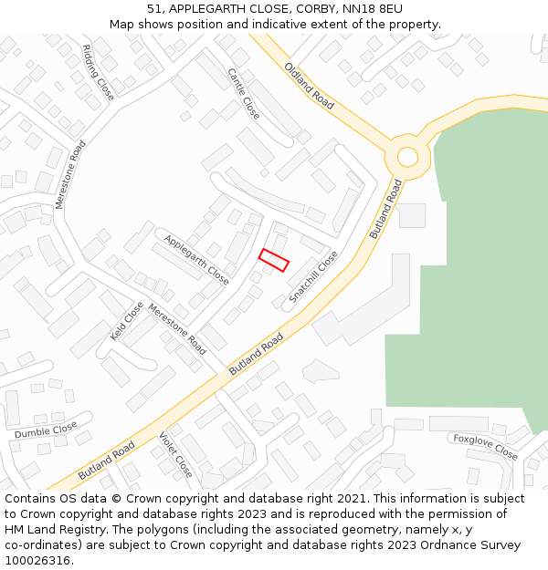 51, APPLEGARTH CLOSE, CORBY, NN18 8EU: Location map and indicative extent of plot