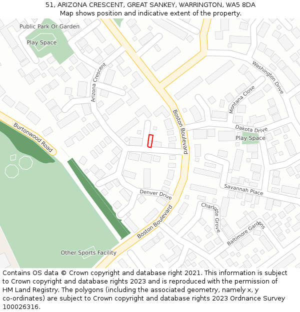 51, ARIZONA CRESCENT, GREAT SANKEY, WARRINGTON, WA5 8DA: Location map and indicative extent of plot