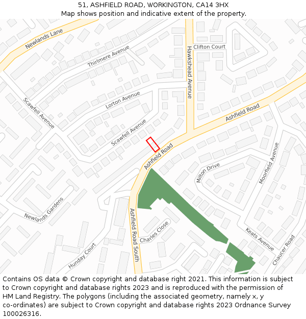 51, ASHFIELD ROAD, WORKINGTON, CA14 3HX: Location map and indicative extent of plot