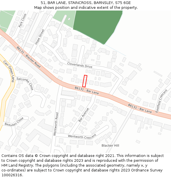 51, BAR LANE, STAINCROSS, BARNSLEY, S75 6GE: Location map and indicative extent of plot