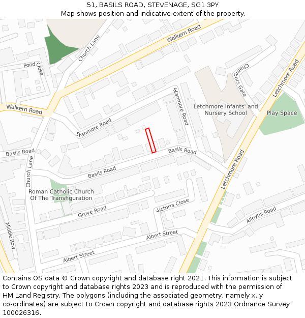 51, BASILS ROAD, STEVENAGE, SG1 3PY: Location map and indicative extent of plot