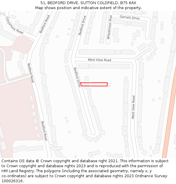 51, BEDFORD DRIVE, SUTTON COLDFIELD, B75 6AX: Location map and indicative extent of plot
