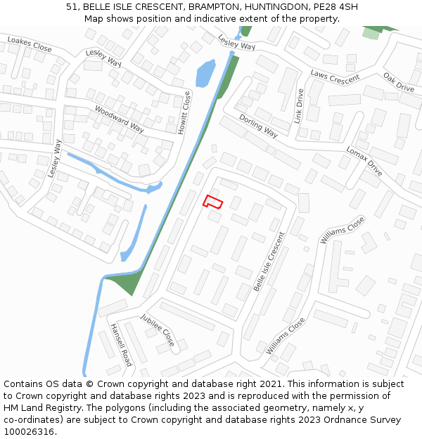 51, BELLE ISLE CRESCENT, BRAMPTON, HUNTINGDON, PE28 4SH: Location map and indicative extent of plot
