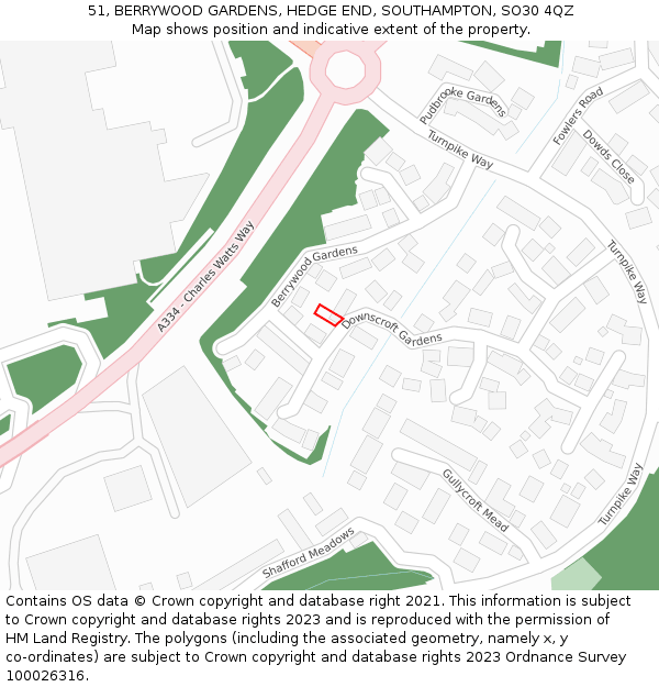51, BERRYWOOD GARDENS, HEDGE END, SOUTHAMPTON, SO30 4QZ: Location map and indicative extent of plot
