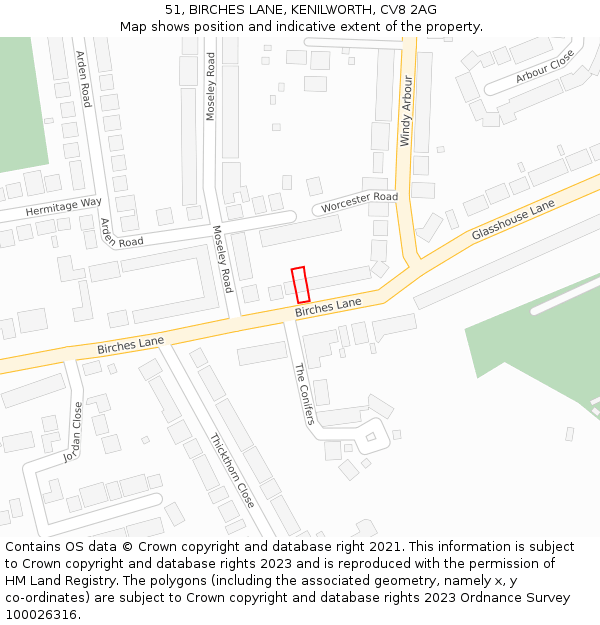 51, BIRCHES LANE, KENILWORTH, CV8 2AG: Location map and indicative extent of plot