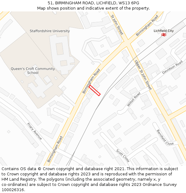 51, BIRMINGHAM ROAD, LICHFIELD, WS13 6PG: Location map and indicative extent of plot