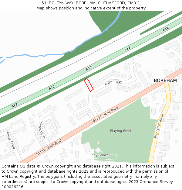 51, BOLEYN WAY, BOREHAM, CHELMSFORD, CM3 3JJ: Location map and indicative extent of plot