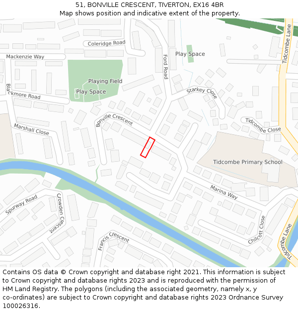 51, BONVILLE CRESCENT, TIVERTON, EX16 4BR: Location map and indicative extent of plot
