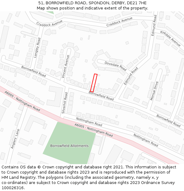 51, BORROWFIELD ROAD, SPONDON, DERBY, DE21 7HE: Location map and indicative extent of plot