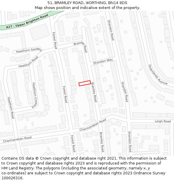 51, BRAMLEY ROAD, WORTHING, BN14 9DS: Location map and indicative extent of plot