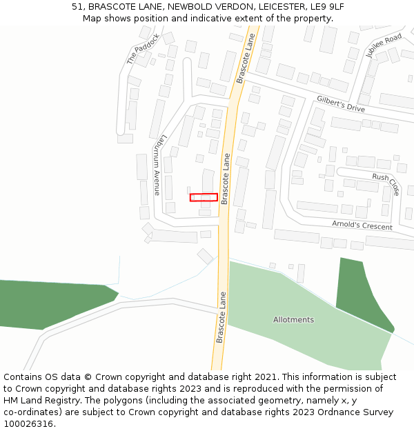 51, BRASCOTE LANE, NEWBOLD VERDON, LEICESTER, LE9 9LF: Location map and indicative extent of plot