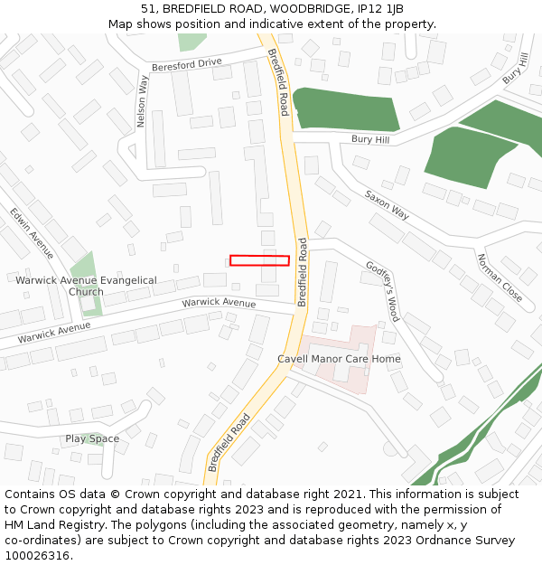 51, BREDFIELD ROAD, WOODBRIDGE, IP12 1JB: Location map and indicative extent of plot