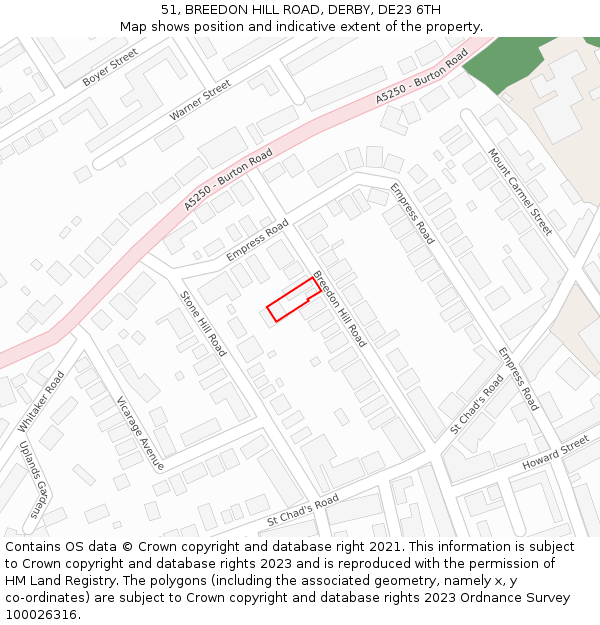 51, BREEDON HILL ROAD, DERBY, DE23 6TH: Location map and indicative extent of plot